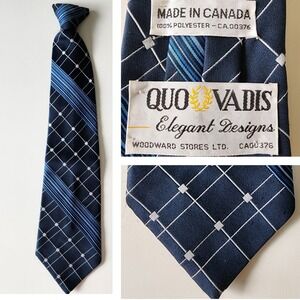 VTG WOODWARDS STORE Clip On Tie Blue White Lines Check 1980s Canada Classic Prep